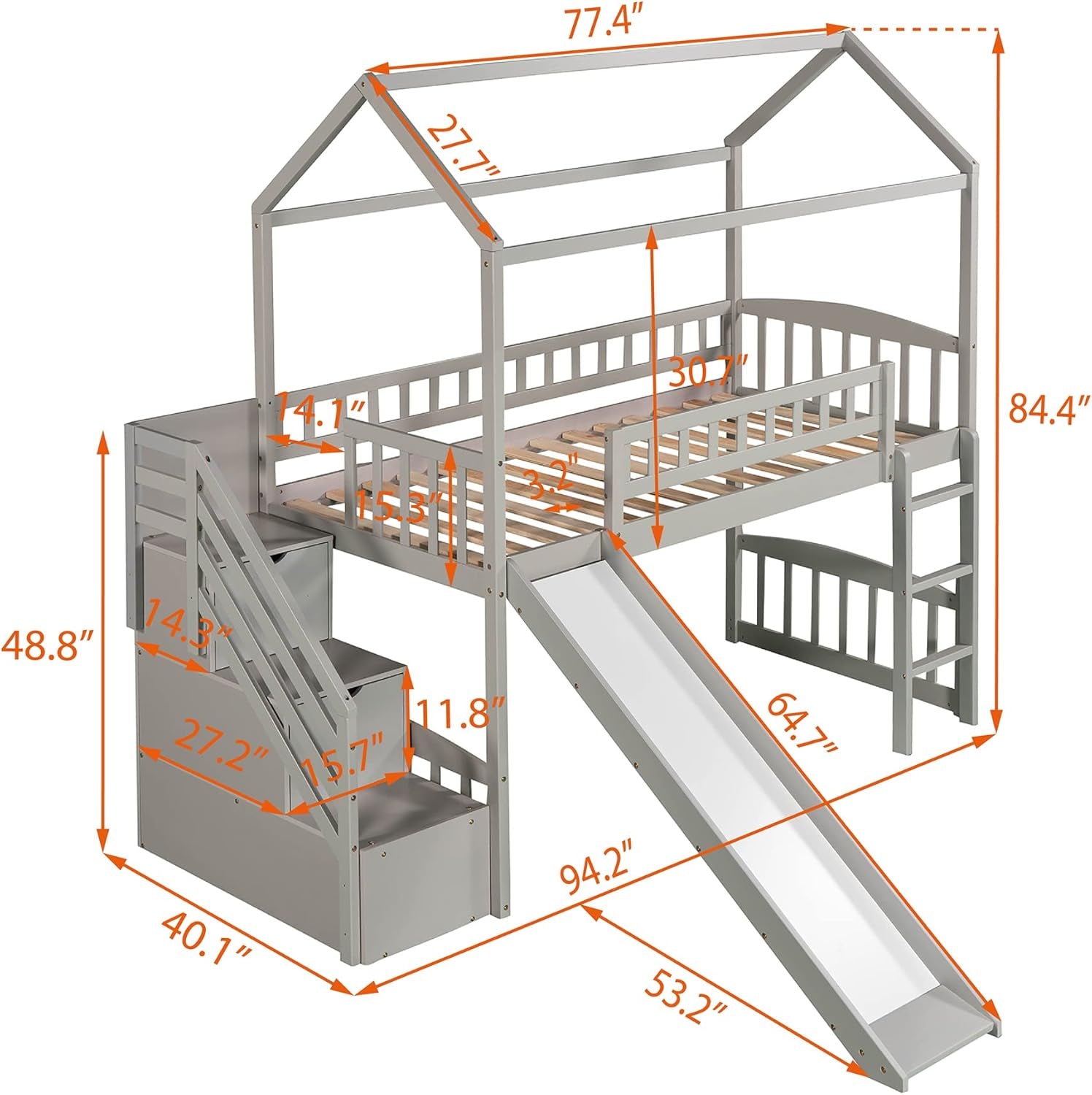 House Loft Bed with Slide and Storage Drawers